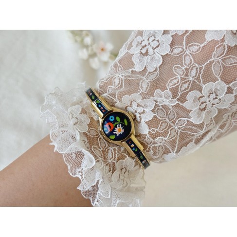 Vintage Blue Enamel Floral Women's Watch